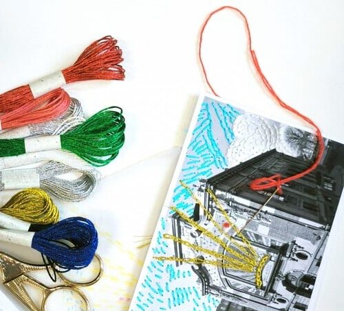 Atelier broderie sur cartes postales